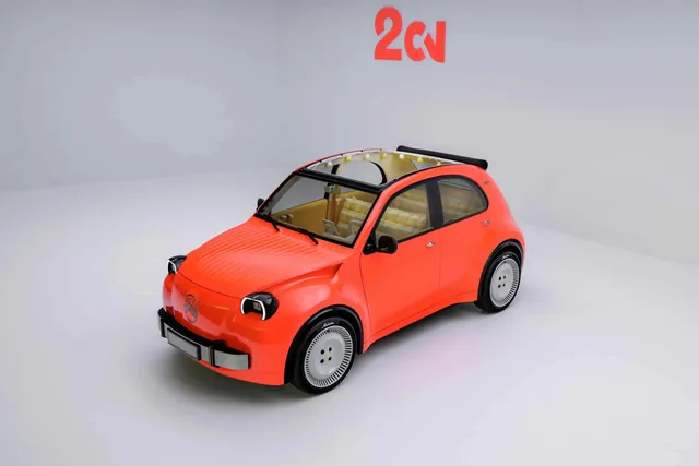 Citroën 2CV Concept électrique orange, vue trois quarts avant studio, Mondial de l'Auto 2026
