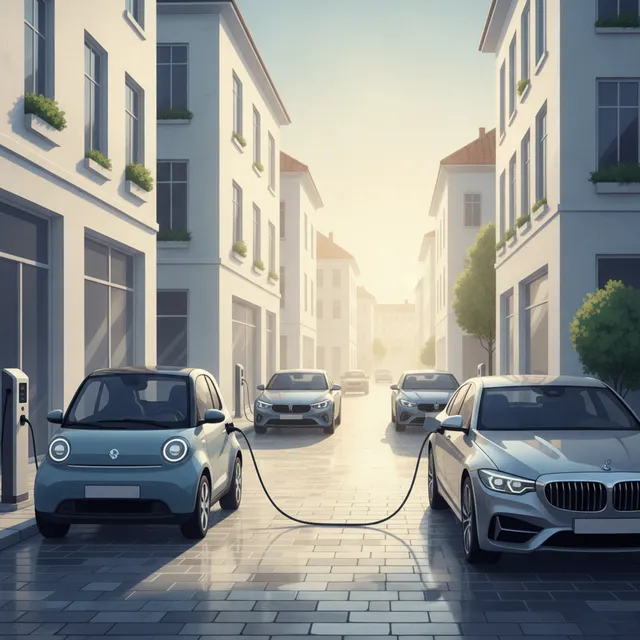 Voitures electriques en charge sur des bornes dans une rue europeenne, illustration de la montee de l electrique a 25 pourcent du marche