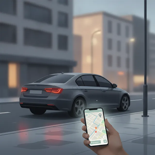 Berline grise stationnée le long d'un trottoir en ville au crépuscule, une main tenant un smartphone qui affiche une application de navigation au premier plan