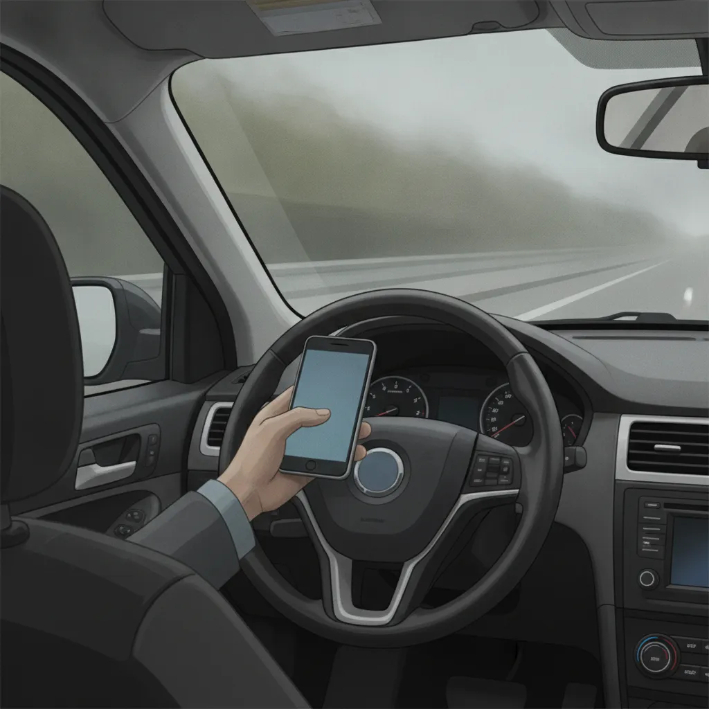 Main d'un conducteur tenant un smartphone au volant d'une voiture