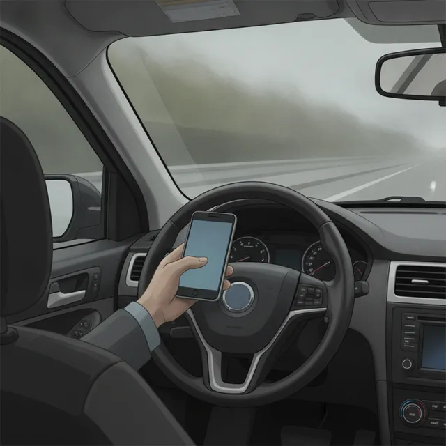 Main d'un conducteur tenant un smartphone au volant d'une voiture