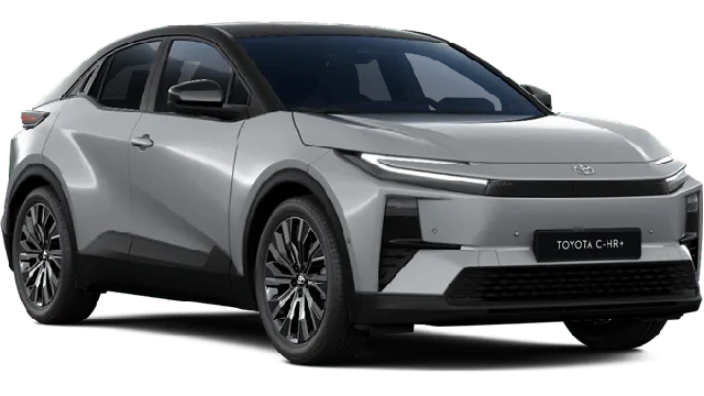 Toyota C-HR+ électrique, SUV compact gris, vue trois-quarts avant