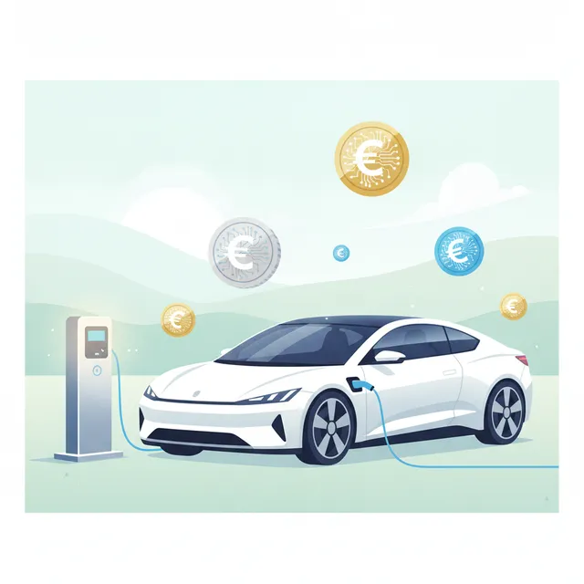 Voiture électrique blanche branchée à une borne de recharge, pièces en euros symbolisant l'aide à l'achat