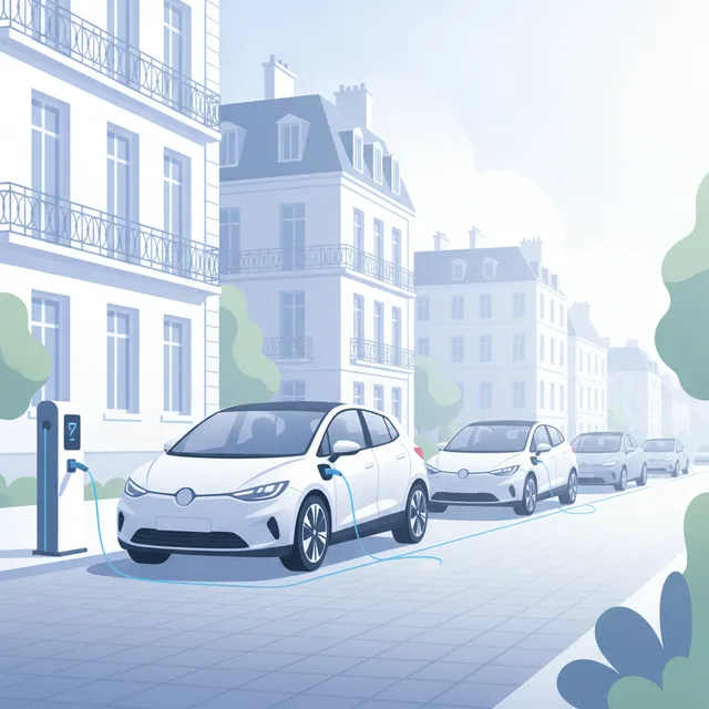 Voitures électriques en charge sur des bornes dans une rue française, illustration