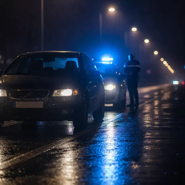Contrôle routier de nuit, gyrophare bleu et route mouillée