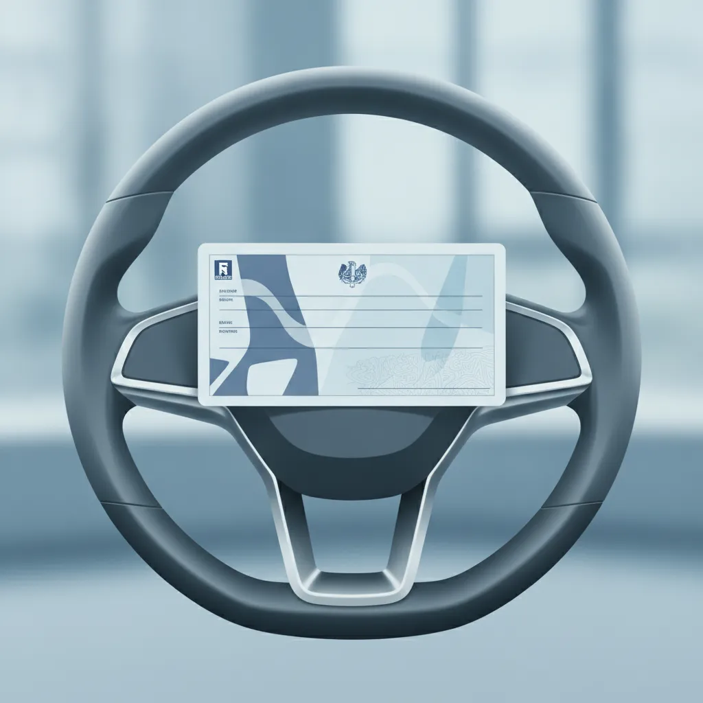 Certificat d'immatriculation stylise pose sur un volant de voiture, illustration editoriale sur la reforme de la carte grise