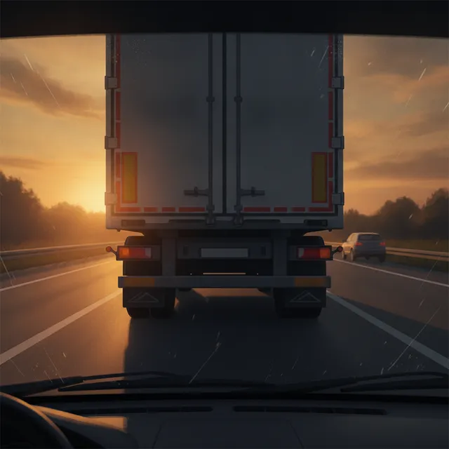 Vue depuis une voiture roulant derriere une semi-remorque sur autoroute, barre anti-encastrement visible