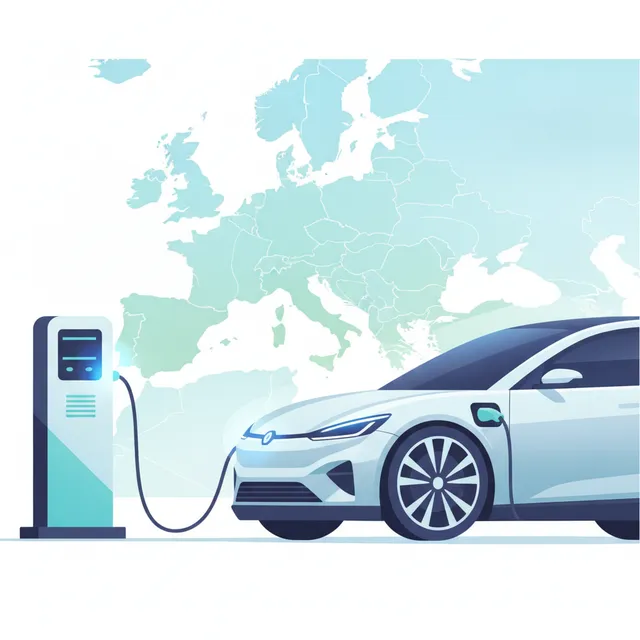 Voiture électrique en recharge sur une borne devant une carte stylisée de l'Europe
