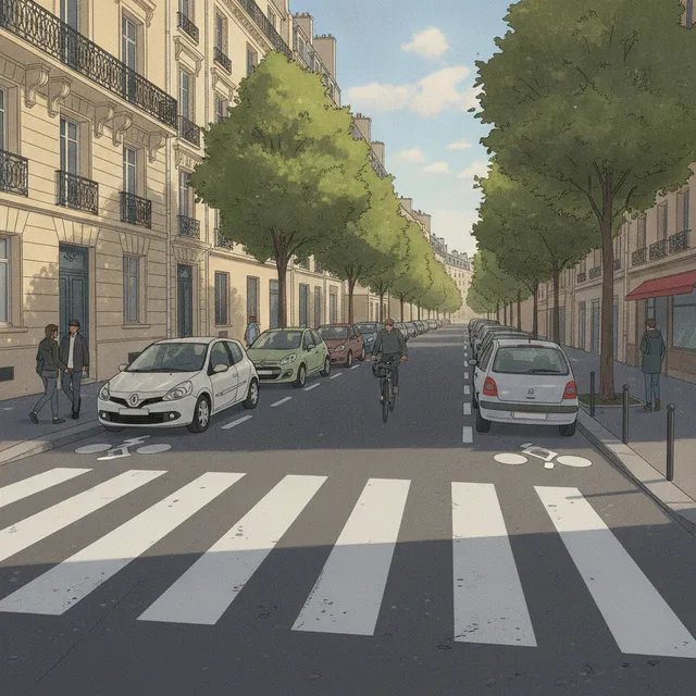 Passage piéton sur une rue de ville avec des voitures stationnées juste avant