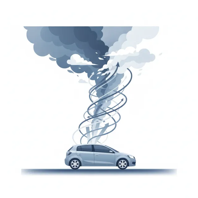 Illustration d'une voiture citadine sous un ciel d'orage, evoquant la hausse des tarifs de l'assurance auto en 2026