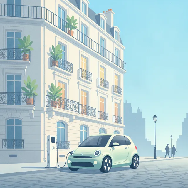 Petite voiture électrique en charge à une borne devant un immeuble parisien