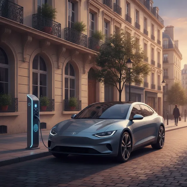 Voiture électrique en charge sur une borne dans une rue française en fin de journée