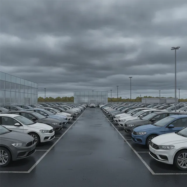 Rangées de voitures neuves alignées sur le parking d'une concession sous un ciel gris de rentrée