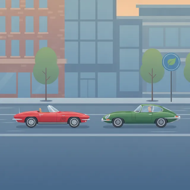 Illustration de voitures de collection circulant en ville pres d'un panneau de zone a faibles emissions
