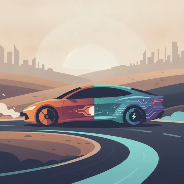 Illustration d'une voiture moderne à moitié thermique à moitié électrique sur une route européenne