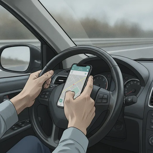 Mains d'un conducteur tenant un smartphone au volant d'une voiture