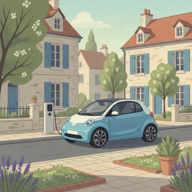 Voiture électrique citadine branchée à une borne de recharge dans une rue résidentielle française