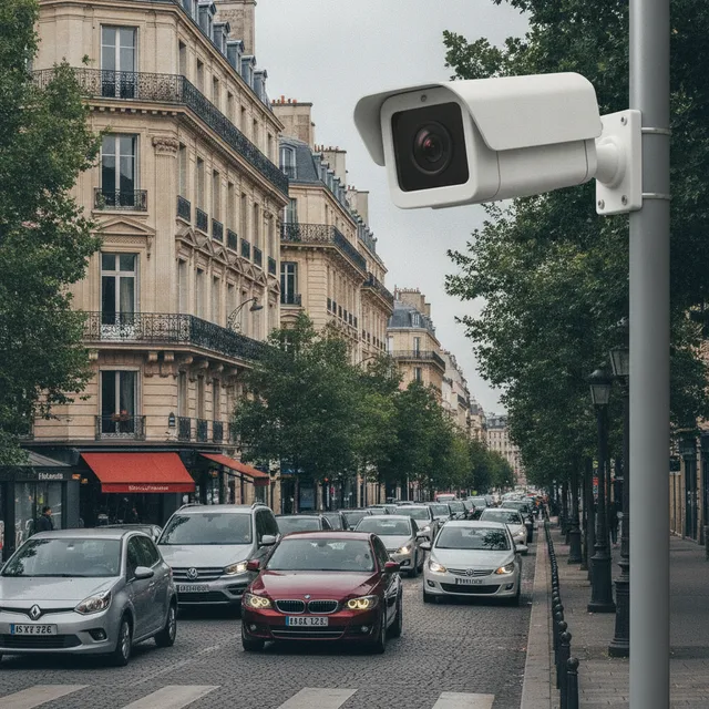 Camera de lecture automatisee des plaques au-dessus d'une rue de centre-ville avec des voitures qui circulent