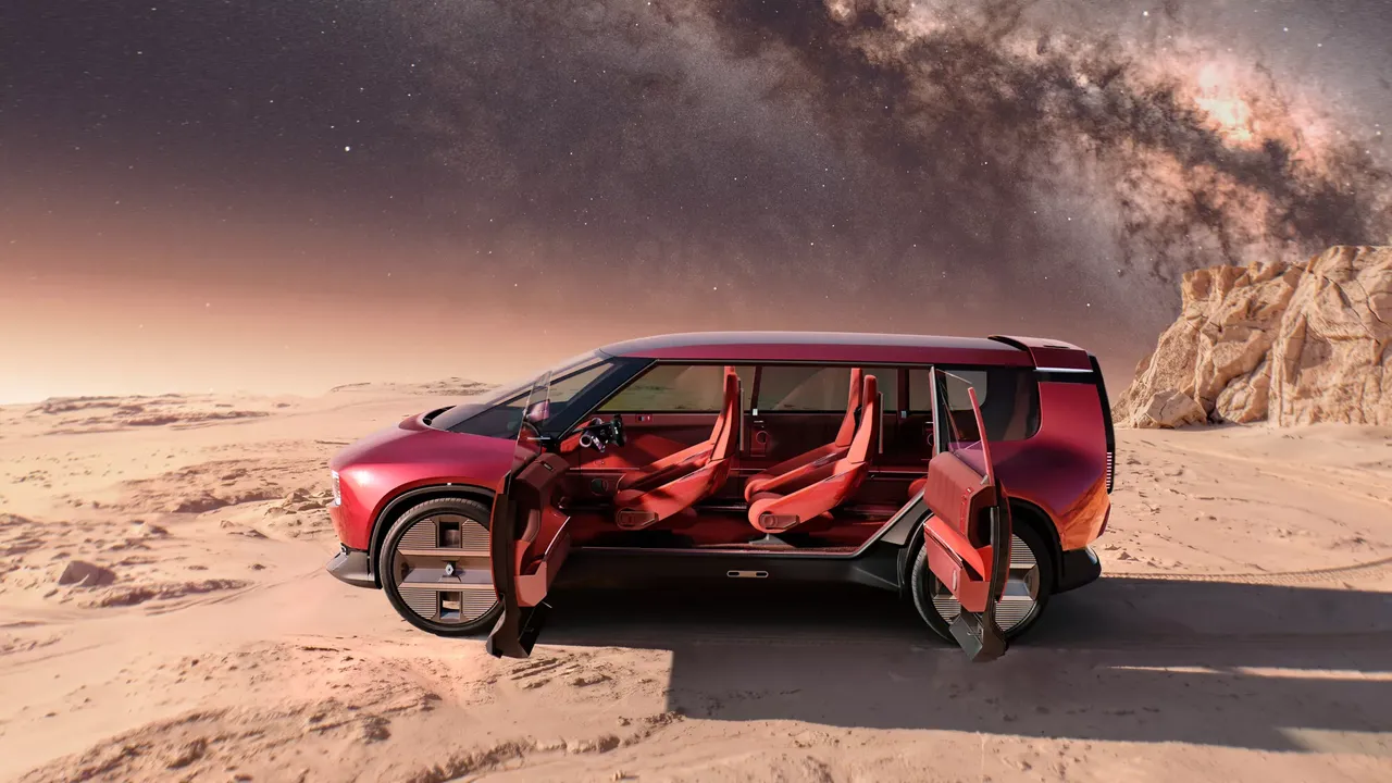 Renault E-Space Concept, monospace électrique présenté au Mondial de l'Auto de Paris 2026, portes ouvertes sur ses six sièges