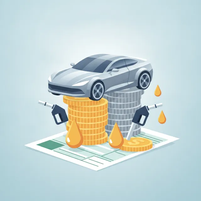 Voiture posée sur des piles de pièces et un formulaire fiscal, illustration sur la taxe automobile et le carburant