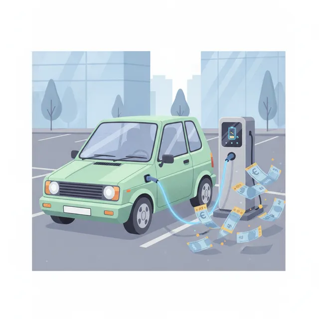 Petite voiture électrique d'occasion en recharge sur une borne, avec des billets d'euros évoquant l'aide à l'achat