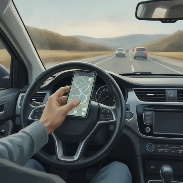 Main d'un conducteur tenant un smartphone au volant d'une voiture en roulant