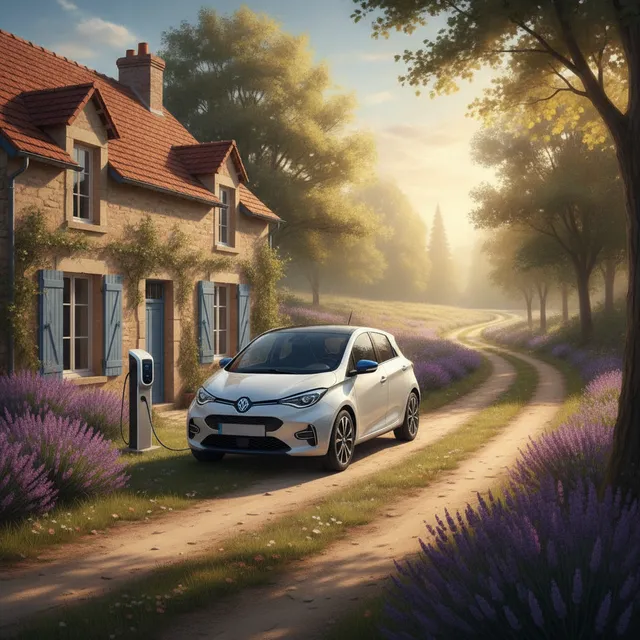 Voiture électrique branchée à une borne de recharge devant une maison de campagne française