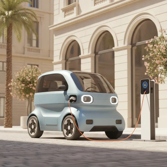 Illustration d'une petite citadine électrique compacte branchée à une borne de recharge en ville