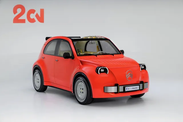 Citroën 2CV Concept électrique orange de trois-quarts avant au Mondial de Paris 2026