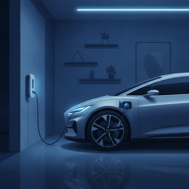 Voiture électrique branchée à une borne de recharge murale dans un garage, la nuit