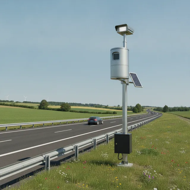 Radar routier automatique moderne au bord d'une autoroute française