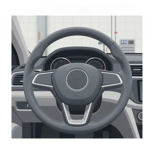 Volant de voiture et son cache d'airbag central dans un habitacle, en atelier de contrôle technique