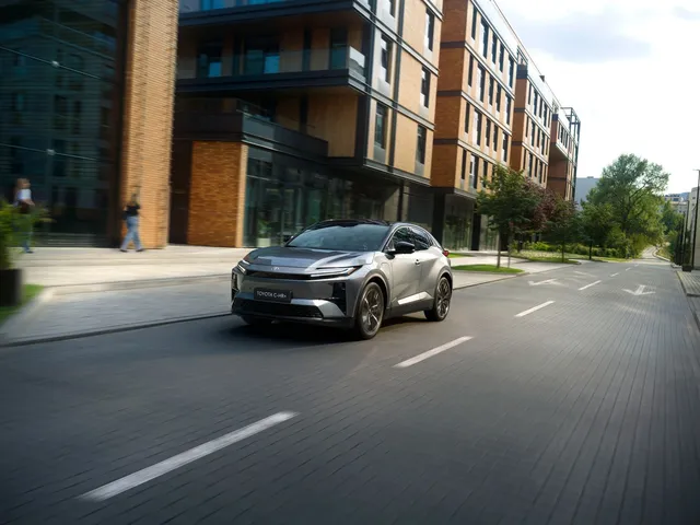 Toyota C-HR+ électrique gris en ville, vue avant trois quarts