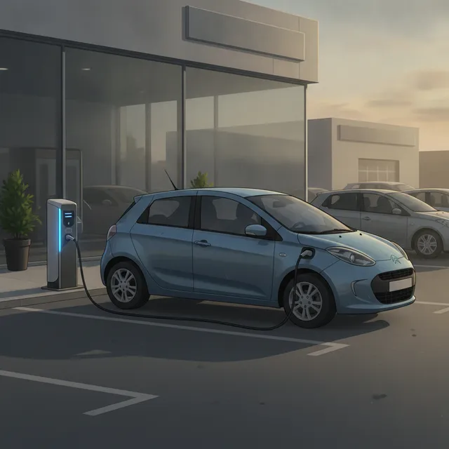 Voiture électrique compacte d'occasion en recharge sur le parking d'une concession