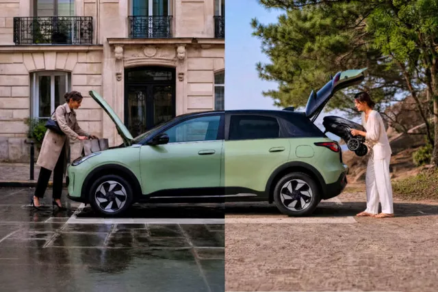 La Geely E2, citadine électrique verte, présentée de profil avec coffre avant et arrière ouverts