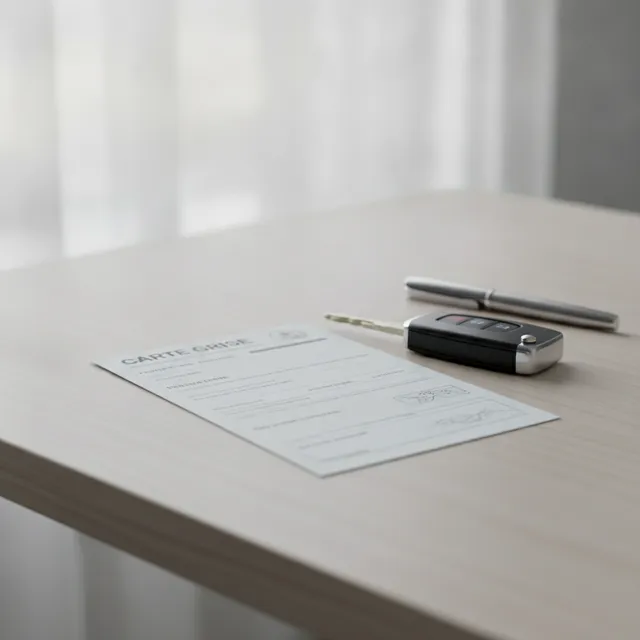 Document de carte grise posé sur un bureau à côté d'une clé de voiture et d'un stylo
