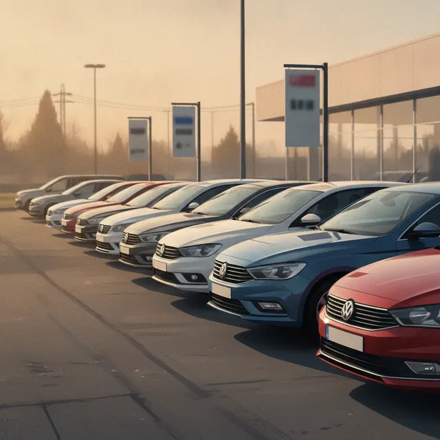 Rangée de voitures d'occasion alignées sur le parking d'une concession