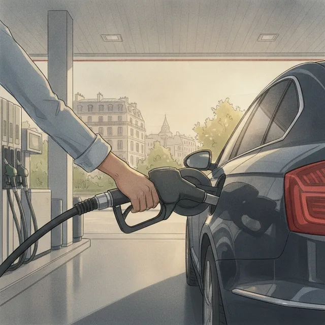 Une main fait le plein de carburant d'une voiture dans une station-service en France