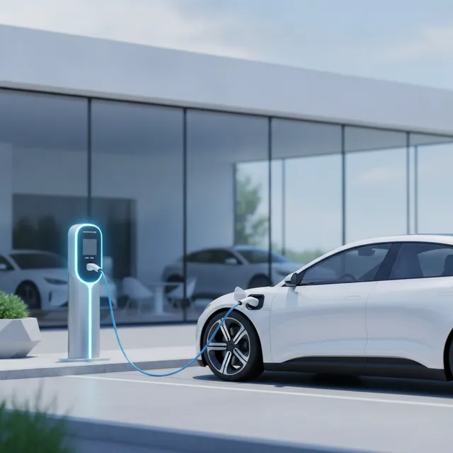 Voiture électrique blanche en charge sur une borne devant un concessionnaire