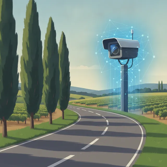 Radar routier moderne au bord d'une route française, illustration évoquant l'intelligence artificielle