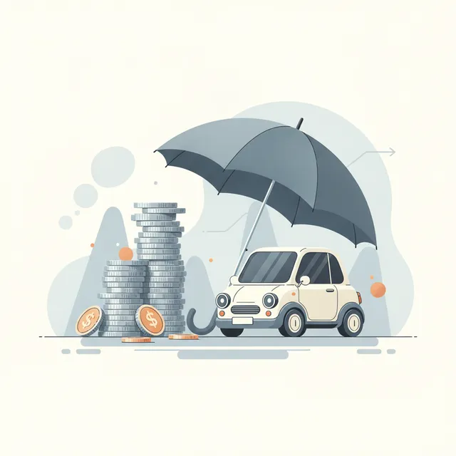 Illustration d'une petite voiture protégée par un parapluie à côté de piles de pièces, évoquant le budget de l'assurance auto