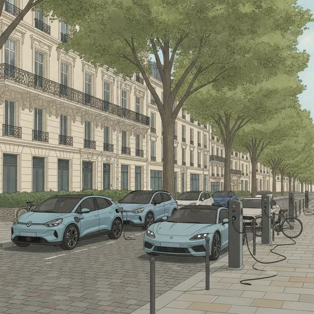 Plusieurs voitures électriques en charge sur des bornes le long d'une rue en France