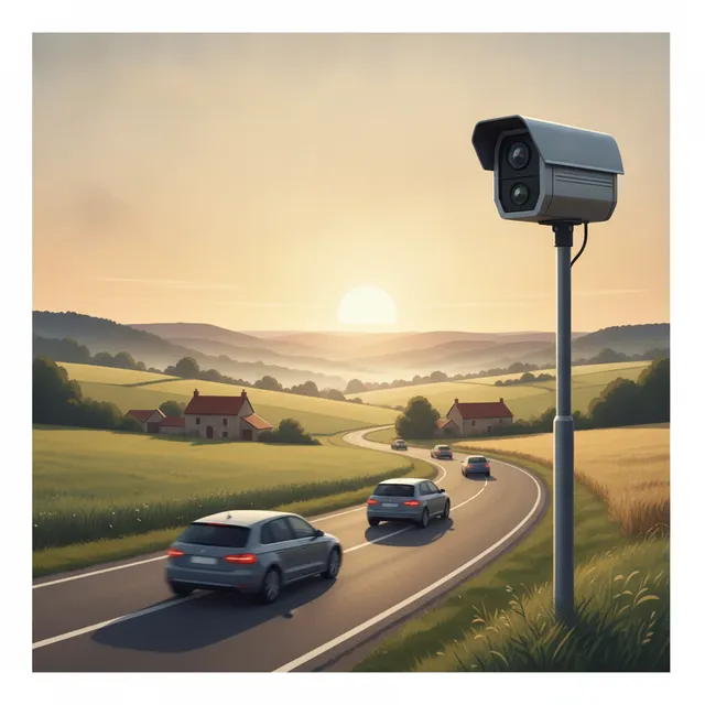 Un radar automatique moderne au bord d'une route de campagne française, avec des voitures en mouvement