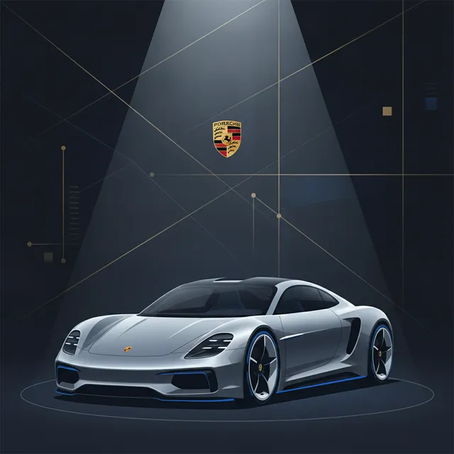 Illustration d'un concept-car Porsche sous projecteur sur un stand de salon automobile