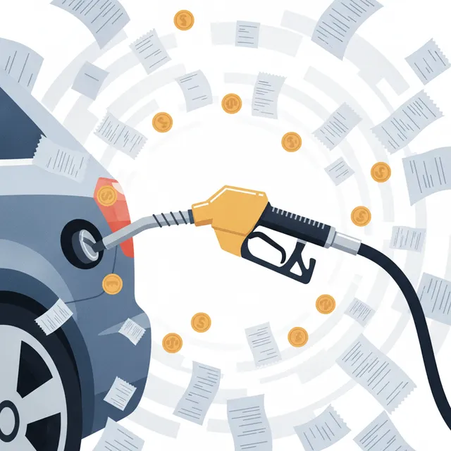 Un pistolet de pompe à carburant remplit une voiture, entouré de tickets de caisse et de pièces de monnaie