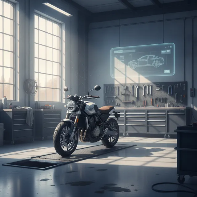 Moto stationnée dans un atelier, thème du contrôle technique deux-roues
