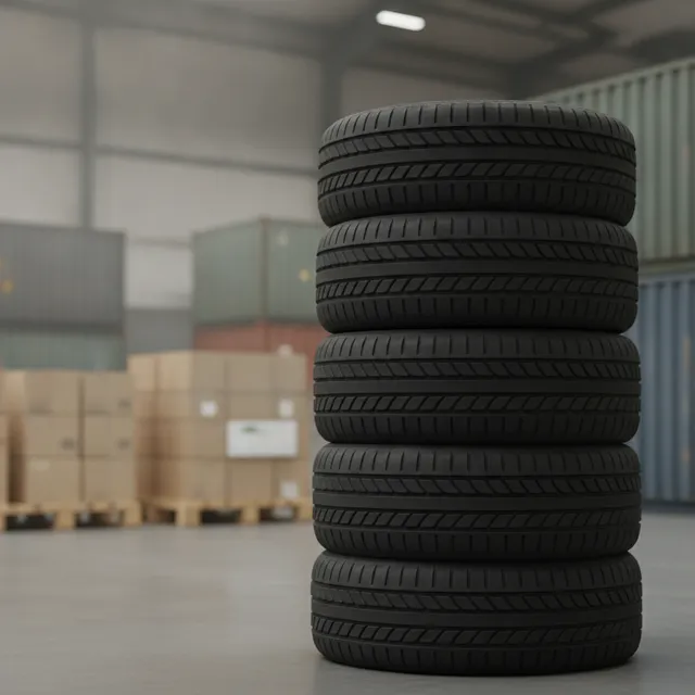 Pile de pneus de voiture neufs dans un entrepot logistique