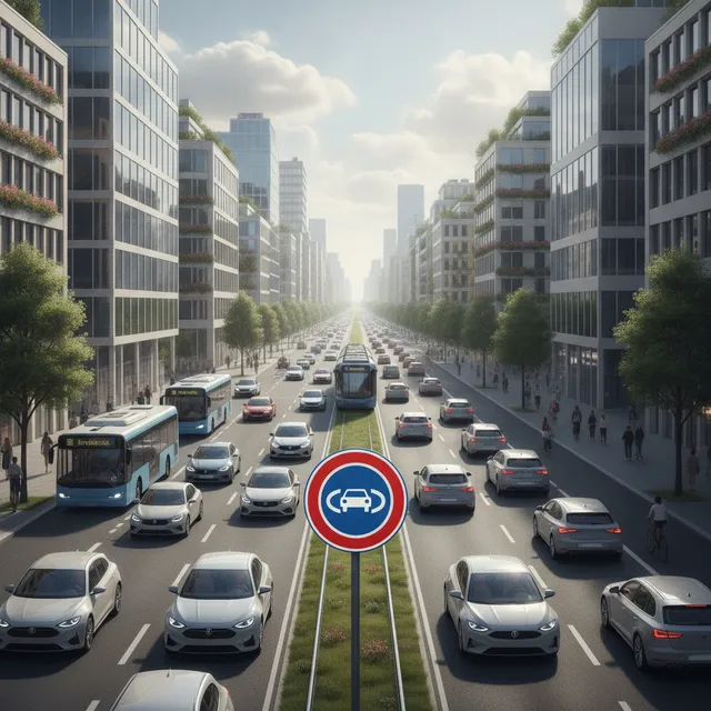 Circulation urbaine sur un grand boulevard dans une zone à faibles émissions, voitures et panneau de signalisation routière