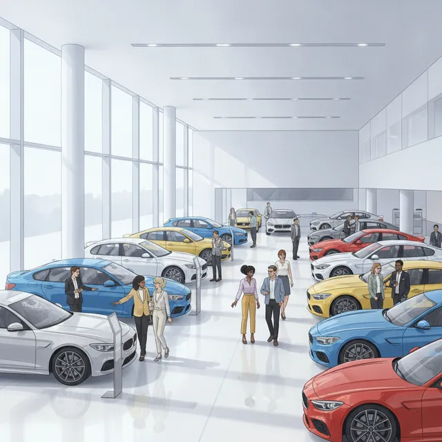 Hall de concession automobile lumineux avec plusieurs voitures neuves et des clients, ambiance journées portes ouvertes