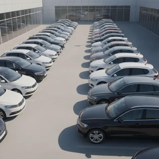 Rangées de voitures d'occasion alignées sur le parking d'une concession automobile